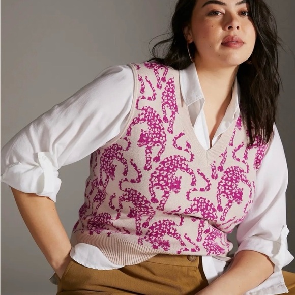 Anthropologie Maeve Jacquard Sweater Vest V Neck Pink Jaguar Cat Print XS - Picture 5 of 15
